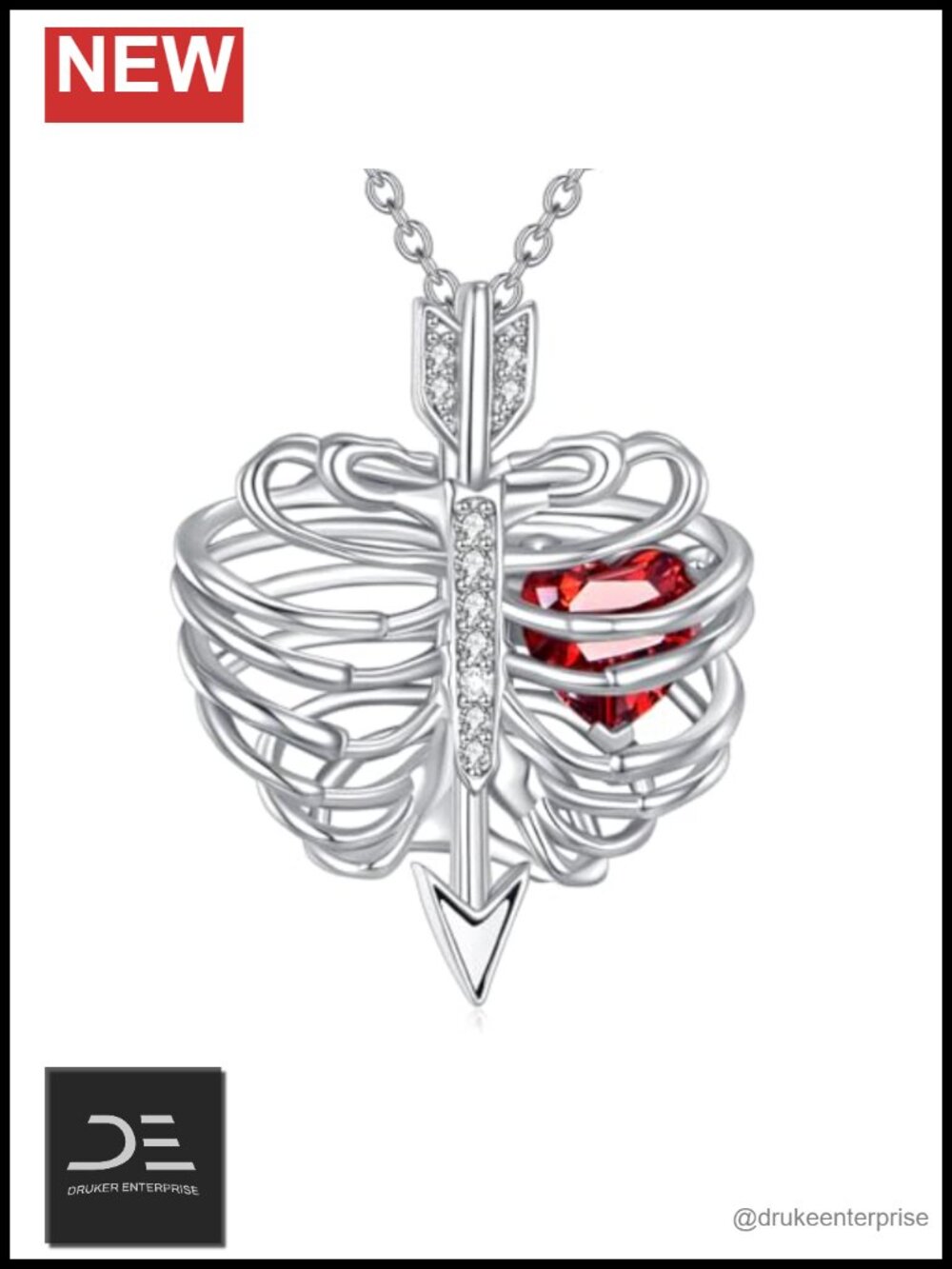 Sterling Silver Rib Cage Necklace Gothic Arrow Heart Cubic Zirconia Pendant